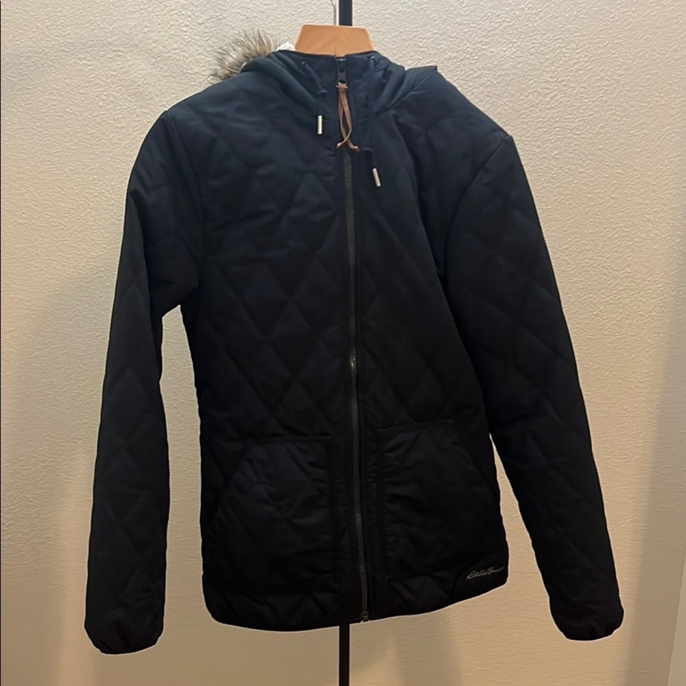 Eddie Bauer Black Quilted Fur Hood Jacket